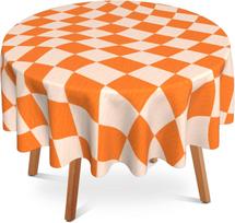 Retro Chess Board Round Table Cloth Orange Checker Waterproof Stain Resistant Washable Circle Table Cover for Kitchen Party 70inch(178cm) beige