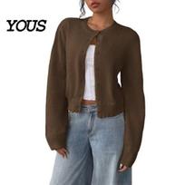 Women Knitted Sweater Round Neck Knit Sweater, Solid Color Button-Up Cardigan for Casual Knitwear Fall Winter, Long Sleeve Short Top L pilka