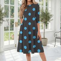 Women's Casual Round Neck 3/4 Sleeve Polka Dot Print Midi Dress L raudona