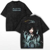 Harajuku Anime Himeno Printed T-shirt Manga Chainsaw Man Vintage Washed T Shirt Men Women Clothes Polyester Short Sleeve Tees S gray