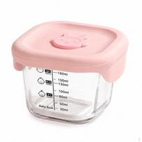 Kūdikio karščiui atsparus aukšto boro silikatinio stiklo maisto laikymo indas su silikoniniu dangteliu garinimui, Pink Square + Round 230ml + 230ml Tall