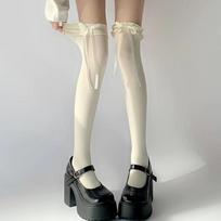 White-colored Thin Sheer Ruffle-edge Lace Long Socks Women JK Girl Sweet Thigh High Stockings Lolita Nylon OverKnee Cute Bowknot Hosiery One Size gray