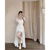 Summer bubble sleeve ruffle edge long dress short sleeve skirt ballet square neck straps white dress women S
