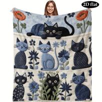 1 Classic Fashion Blanket, Flannel Blanket with Cat and Flower Embroidery Patterns, Soft and Warm, Suitable for Naps, Sofas, Offices, Beds, Camping, a 100X130CM gray