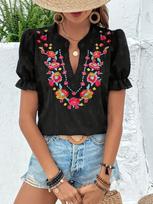 European and American new floral embroidered ruffle edge shirt women's V-neck pullover top women's S black