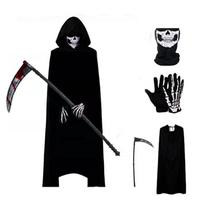 Hooded cloak with skull mask, skull gloves, sickle prop, suitable for Halloween parties, fancy costumes, role-playing stage performances, costumes black