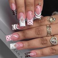 Pink French Press On Nail, 24 ABS False Nail with Mixed Dots, Contrasting Lines, Stone Accents and Raised Flower Art for Home Manicures 1 brown