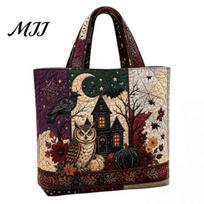 Halloween Tote Bag for Women Quilted Bag, Pumpkin Ghost Cat Print Shoulder Durable Book Lightweight Polyester Reusable Handbag Casual Daily Use A black