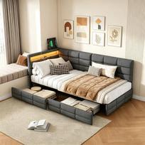 Lova, sofa-lova, viengulė lova, 90 × 200 cm, su stalčiais, LED apšvietimu ir įkrovimo prievadu, pilka.