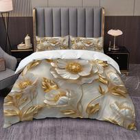 3pcs Golden Golden Edge Flower Quilt Set (1 Duvet Cover + 2 Pillowcases, Coreless) White 3D Carved Series High Definition EU Twin(135x200cm) white
