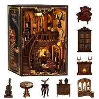 Pixie Curio Booknook Medieval Bookstore DIY 3D Wooden Puzzle Miniature Dollhouse Kit Bookshelf Insert LED Light Decoration brown