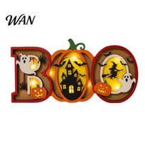 Unique Hollow Carving Design Halloween Night Light Wooden Light-up Boo Ornament Pumpkin Ghost Castle Festive Decoration Table with Lights for violetinė