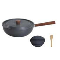 Light weight Nonstick Frying Pan Wood Handle Wok Cookware Portable Camping Picnic Pot Aluminum Alloys Frying Pan 1 gray