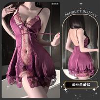 Sexy lingerie lace hollow suspender seduction Internet celebrity style nightdress sexy pajama suit women L gray