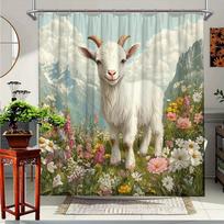 Mountain Goat Shower Curtain With Colorful Floral Design, Bathroom Decor, Polyester Fabric, Includes 12 Hooks, 70.8X70.8 Inches W60H190(CM)-1 Pcs gray