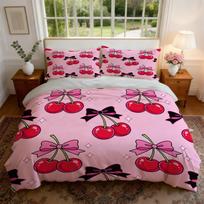 Microfiber Duvet Cover Set No Filler, Cute Pink Cherry Bow Sparkly Fruit Print For Girls Teens Bedroom Bedding Decor 135x200cm2pcs&set gray