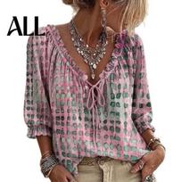 Lightweight Breathable Summer Shirt Women Casual Shirt, V Neck Lace Up 3/4 Sleeve Blouse, Plaid Print Loose Flowy Tops, Chiffon Tops for Daily M