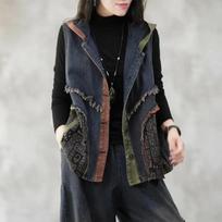Contrasting Color Patchwork with Raw Edges Hooded Vest Womens Loose Skinned Denim Waistcoat Casual Lady S