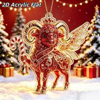 2D Acrylic Zodiac Goat Christmas Tree Hanging Ornament Auspicious Red Gold Design For Rearview Mirror New Year Home Decor A4
