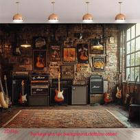 Retro music studio backdrop - Printed polyester guitar amplifier symphony hall scene with brick walls and musical instruments 118×59inch/300*150cm brown