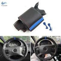 Car Steering Wheel Cover Leather Trim For BMW 3 5 Series E36 E46 E39 For X3 E83 X5 E53 2000 Black- red blue line with blue gray