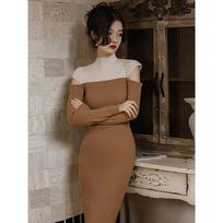Off-the-shoulder dress, autumn and winter temperament, slim-fitting hip-wrapped long dress, split-ended knitted primer, sweater, skirt S