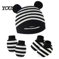 Newborn Nursery Supplies Baby Hat Gloves And Booties Set, Cotton Infant Bear Ears Anti Scratch Breathable Fetal Cap Mittens & Foot Protectors for Boys gray