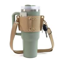 PU Leather Water Cup Cover for Stanley Mug 30oz&40oz Tumbler Adjustable Shoulder Strap Portable Lanyard Hanging Cup Accessories smėlis