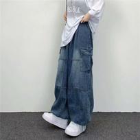 Hong Kong Style Retro Wide-Leg Denim Workwear Pants 2XL juoda