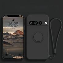 For Google Pixel 10 Pro XL Liquid Silicone Ring Holder Phone Cover For Google Pixel 9 Pro XL 8A 9A Soft Back Cover With Lanyard Google Pixel 7 black