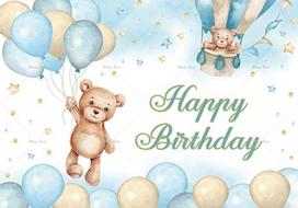 Blue Hot Air Balloon Bear Background Baby Baptism Girl Boy Birthday Party Supplies Boho Photography Background Decoration Banner 47.2x31.5inch/120*80cm beige