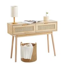 VEVOR Rattan Console Table with 2 Storage Drawers, Rattan Entryway Table with Natural Rattan Sliding Door, Console Sofa Table for Living Room, Study
