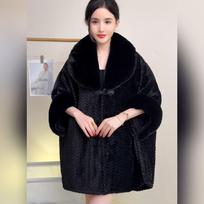 Winter Women Loose  Cape Thicken Velvet Warm Batwing Sleeves Long Cloak Semicircle Faux Fur Neck   Wear Overcoat One size kava