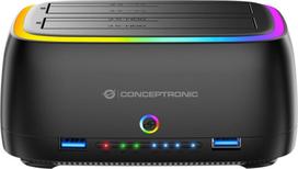 No Name Conceptronic DONN36B Dual-bay RGB Hard Drive Docking Station, for 2.5/3.5-Inch HDD SSD, 2 x USB A, SD/TF Card Reader, UASP