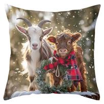 Cute Highland Cows and Goats Winter Pattern Cushion Covers Polyester pillowcase, sofa decorative cushion cov Headboard Pillow 45x45cm gray