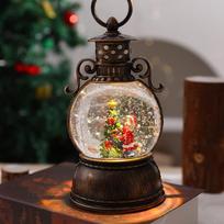 Christmas glowing music box with falling snowflakes, crystal ball, retro scene decoration, portable lantern, Santa Claus ornaments gray