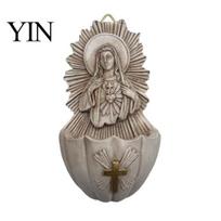 Distressed Finish Art Sacred Heart of Mary Holy Water Font, Vintage Resin Sculpture Basin Wall Hanging, Catholic Religious Decor Ornament for dramblio kaulas