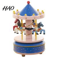 Bedroom Shelf Accessory Wooden Carousel Music Box with Rotating Merry-Go-Round Horses, Wind-Up Musical Figurine Handcrafted for Home Decor, E beige