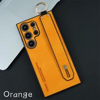 Luxury Matte Plain Sheepskin Leather Wrist Strap Holder Phone Case For Samsung S23 S24 Ultra S21 S22 Plus Lens Protection Cover For Samsung S21&Case & Holder orange