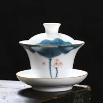 Hand-painted Tea  Fat Jade White Porcelain Gaiwan Household Ceramic Tea Infuser Traditional with Cover Teacup 150ml gray