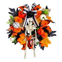 Halloween Wreath with Maple Leaves, Pumpkin, Skeleton and Dried Branches for Front Door Decor One Size black