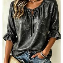 Women's Edgy Black Cracked Texture Blouse Adjustable Tie Ruffled 3/4 Sleeve Baggy Casual Night Out Street Top S