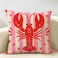 Coastal Chic Pink Red Sardine Lobster Cushion Cover Durable Hypoallergenic Organic Linen Short Pillow Cover Washable 45cmx45cm(18x18Inch)