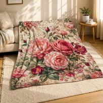 Vintažinis Rožių Bijūnų Puokštės Koralinio Vilnos Antklodė Elegantiškas Žydėjimas 150cm*180cm