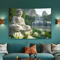 Serene Buddha with Waterfall and Lotus Tapestry - Perfect for Adding Peaceful and Spiritual Style to Any Room Decor,for Home Use 100X150CM beige