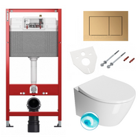 TECEbase klozeto rėmas su matinio žalvario spalvos vandens nuleidimo plokštele ir GSI Modo pakabinamas klozetas su SWIRLFLUSH® nuplovimo sistema