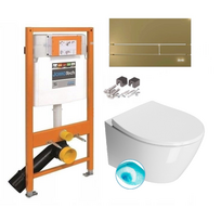 Potinkinio pakabinamo rėmo komplektas WERIT JOMOtech ir matinio aukso mygtuku ir klozetas GSI Modo pakabinamas klozetas su SWIRLFLUSH® nuplovimo sistema
