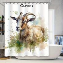 Customizable Art Print Goat Shower Curtain Bathroom Decor Olive Green Watercolor Painting Animal Home Decoration 18 W60H190(CM)-1 Pcs beige