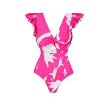 1011 European and American new V-neck ruffle edge printing one-piece swimsuit women's group beach vacation S