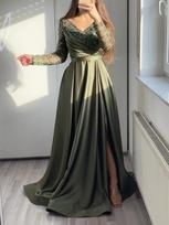 New chest wrap ruffle leaf edge heavy industry green mid-waist solid color temperament lace long dress evening dress S